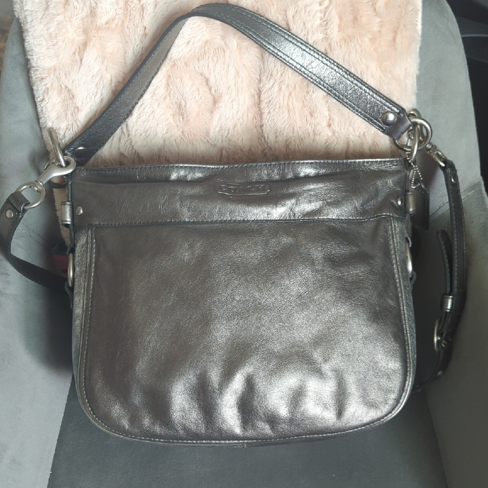 Coach Zoe Silver Leather Shoulder Bag with Adjustable Strap